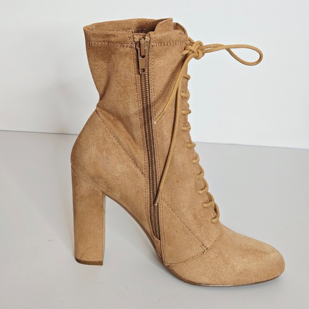 Steve Madden Elley Camel Tan Faux Suede Lace-Up Block Heel Zip Ankle Boot Sz 7 - Picture 1 of 9